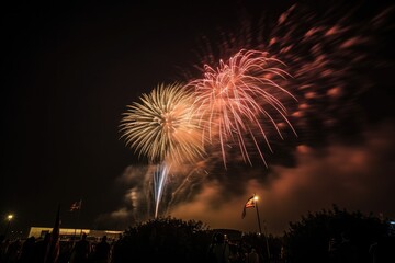 large nighttime fireworks display celebrates America's national holiday, dazzling onlookers in the night sky Generative AI