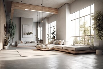 modern living room with floor-to-ceiling windows and a comfortable sofa. Generative AI