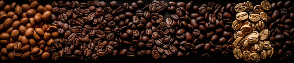 Fototapeta premium Panoramic banner with coffee beans, close-up on many different kinds on black background, AI generative