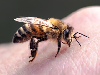 An autumn honey bee (Apis Mellifera) grooming and cleaning itself with its proboscis tongue on my hand. Long Island, New York.