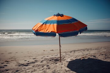 beach scene with a colorful umbrella and a scenic ocean view. Generative AI