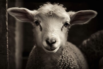 Obraz premium monochromatic photograph featuring a woolly sheep. Generative AI