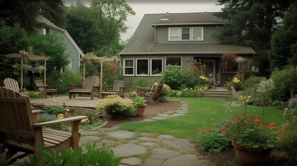 Fototapeta na wymiar Wide shot of home garden, lawn, yard, deck, and space for outdoor entertaining. Urban, suburban, rural neighborhood. Generative AI