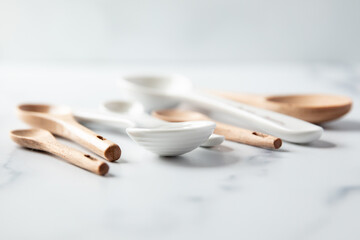 Wooden and ceramic measuring spoons sit on a white marble surface