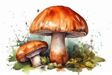 Illustration of two mushrooms painted in watercolor on the ground. Generative AI