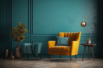 Vibrant Mustard Yellow Room Featuring Teal Accent Chair Centerpiece - Generative AI	