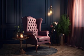Navy Blue Room with Rose Gold Plum Wingback Chair Centerpiece - Generative AI	