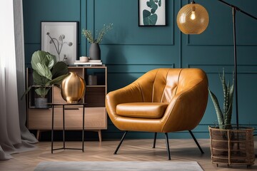Teal Accent Chair in Mustard Yellow Room with Vibrant Walls and Floors - Generative AI	