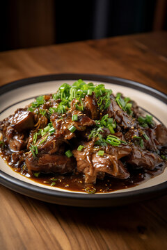Philippine adobo is a traditional national Filipino dish using marinated meat usually chicken, beef or pork and seafood or vegetables, computer Generative AI stock illustration image