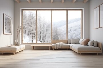 Fototapeta premium cozy living room with natural light coming from a large window. Generative AI
