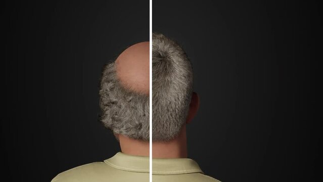 3D illustration model, Man before after hair loss treatment. Head balding man before after hair. 3D Render. Web banner or slider concept