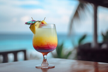 Beautiful close-up of a colorful delicious cocktail in front of a beach, made with generative AI