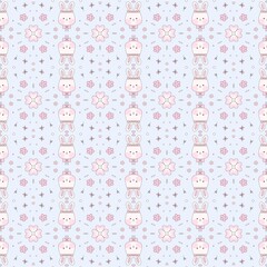 Cute fluffy bunny and flowers pattern on the blue background seamless