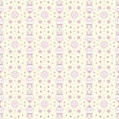 Cute fluffy bunny and flowers pattern on the yellow background seamless
