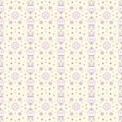 Cute fluffy bunny and flowers pattern on the yellow background seamless