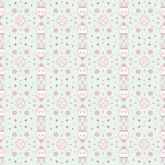 Cute fluffy bunny and flowers pattern on the green background seamless