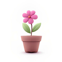 Naklejka premium Fiore rosa e semplice in vaso beige in stile plastilina su sfondo bianco generato dall'AI
