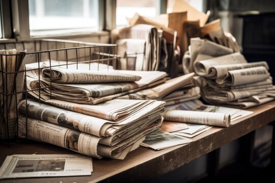 stack of newspapers on a wooden tabl. Generative AI