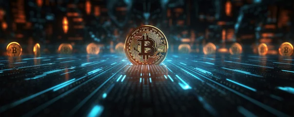Foto op Aluminium Bitcoin blockchain cryptocurrency mining technology,  digital background wallpaper banner.  Generative Ai, © Julie
