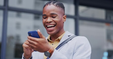 Phone scroll, laughing or black man reading comedy blog, meme joke or surfing internet, web or online search. Social media app, mobile ui or city face of person texting, message or contact funny user