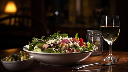Obraz na płótnie Canvas A delicious fresh salad served at a restaurant. Generative AI.