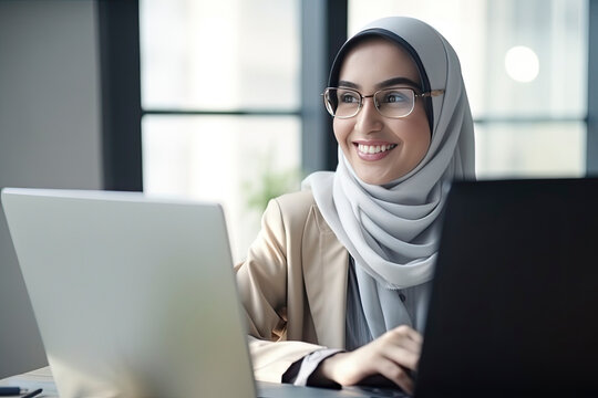 Smiling muslim woman working at her PC in the office. AI generative