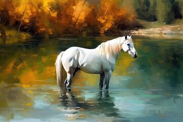 majestic white horse standing in a flowing river. Generative AI