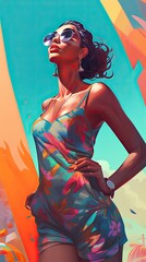Latina Dream Woman: Colorful Fashion Illustration Dominant Pose. Generative AI.