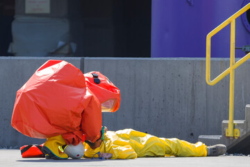 Worker lying on the ground due to gas leak. A gas leak refers to a leak of natural gas or another gaseous product from a pipeline or other containment into any area where the gas should not be present