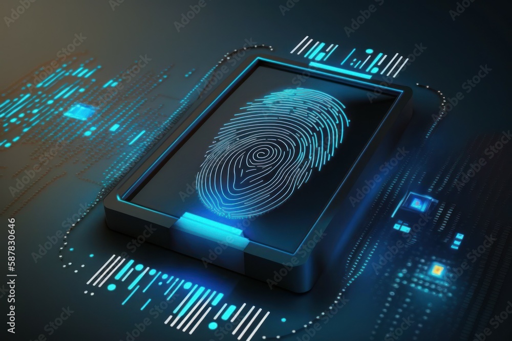 Poster digital biometri, security identify by fingerprint concept. scanning system fingerprint. ai generate