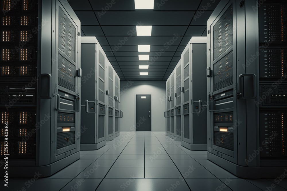 Poster modern data center with computer servers. ai generated, human enhanced.