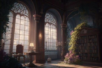 Old ornate abandoned Victorian library. AI generated