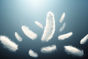 White feathers floating in the air. AI generated, human enhanced.