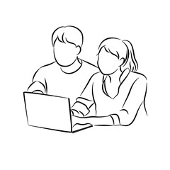 Business woman and man using laptop.Line drawing vector illustration.
