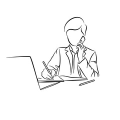 Fototapeta na wymiar Business man using laptop and talking on the phone.Line drawing illustration.