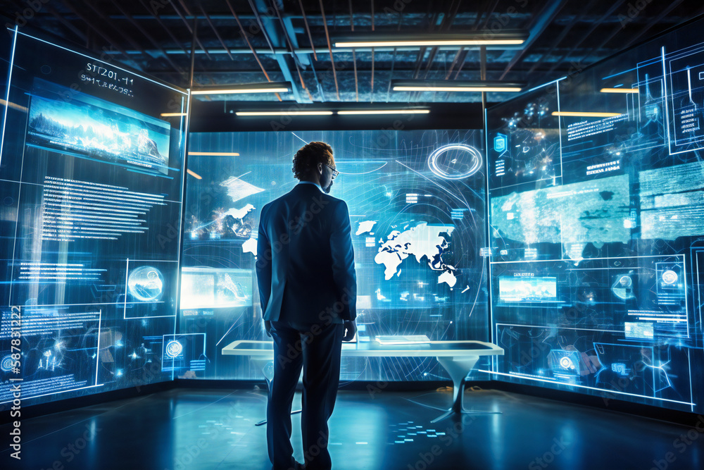Aufkleber a businessman scrutinizes business analytics on a virtual screen, displaying sales and operations da