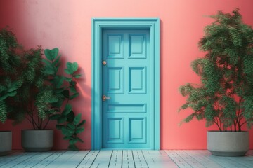 Fototapeta na wymiar blue door in a pink wall surrounded by potted plants. Generative AI