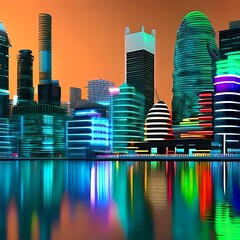 Night city, neon lights of the metropolis. Reflection of neon lights in the water. Modern city with high-rise buildings