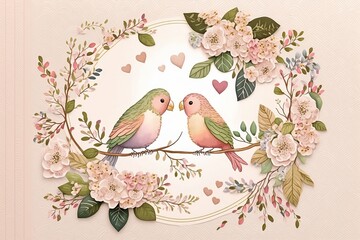 A romantic image about love birds sitting on a branch, surrounded by blooming flowers and leaves,  The overall effect is one of love and happiness, creating a warm and joyful atmosphere, Generative Ai