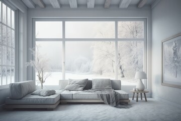 Cozy Living Room with Large Window and Furniture. Generative AI
