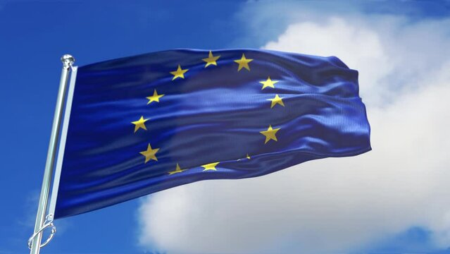 EU flag. The European flag on a flagpol at the background blue sky with beautiful clouds. Waving Flag of Europe close-up 4K 3D video. EU Banner - symbol of the European Union