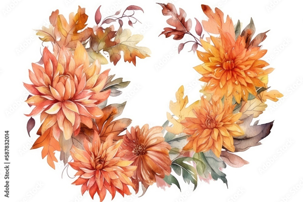 Sticker colorful wreath made of various flowers painted in watercolor. Generative AI