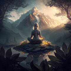 Women Meditation at Fresh Green Forest. Generative AI