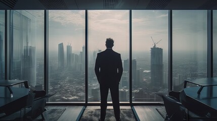 Fototapeta na wymiar Businessman from back standing in the office and looking towards the high-rise buildings Generative AI