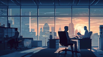 Businessman working on laptop in the office with a view of high rise buildings illustration Generative AI