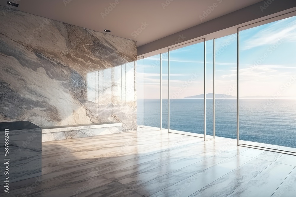 Poster illustration of an empty room with a picturesque view of the ocean through a large window. generativ