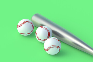 Baseball bat and balls on green background. Sports equipment. Professional league. Game for leisure. 3d render