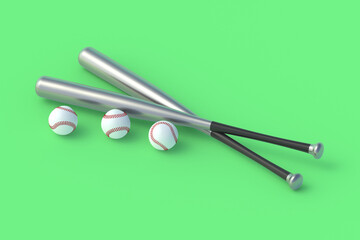 Baseball bats and balls on green background. Sports equipment. Professional league. Game for leisure. 3d render