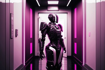 A_Security Robot Humanoid Magenta Standing in The Secuity Room ,UHD Cinematic style. Generative AI. 