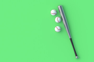 Baseball bat and balls on green background. Sports equipment. Professional league. Game for leisure. Top view. Copy space. 3d render